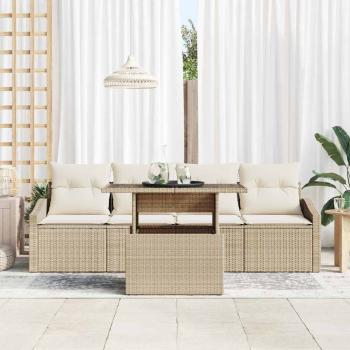 Garten-Sofa-Set 5-teilig Beige Rattan, Kissenstoff