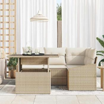 Garten-Sofa-Set 5-teilig Beige Poly-Rattan, Glas Garten-Ecksofa