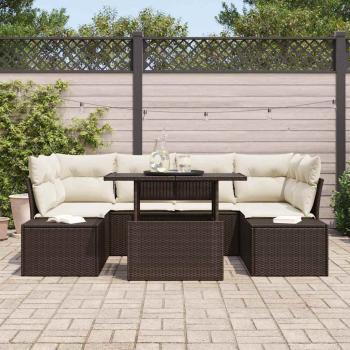 Garten-Sofa-Set 7-teilig Braun, Creme Rattan, Stoff