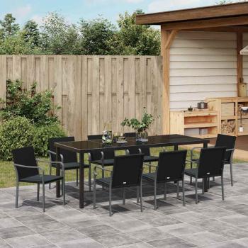 9-teiliges Garten-Ess-Set mit Kissen Schwarz Poly Rattan