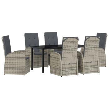 7-teiliges Garten-Esszimmer Set mit Kissen Grau Poly Rattan