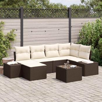ARDEBO.de - Garten Sofa Set 7 Teile Braun und Creme Rattan und Stoff