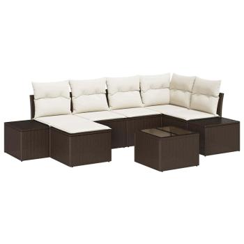 Garten Sofa Set 7 Teile Braun und Creme Rattan und Stoff