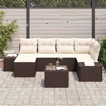 Garten Sofa Set 7 Teile Braun und Creme Rattan und Stoff