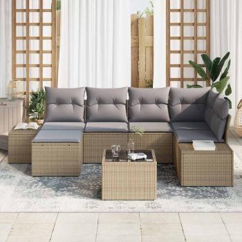 Garten Sofa Set 7-teilig Beige und Grau Rattan, Polyester