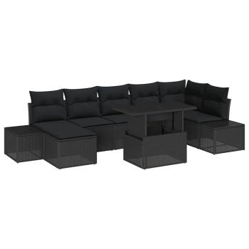 Garten-Sofa-Set 8 teilig Schwarz Rattan, Polyesterkissen