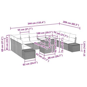Garten Sofa Set 11-teilig Grau, Hellbraun Rattan, Stoff, Glas