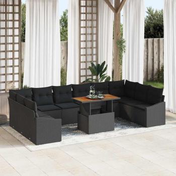 ARDEBO.de - Garten-Sofa-Set 11 Teile Schwarz Rattan, Holzplatte