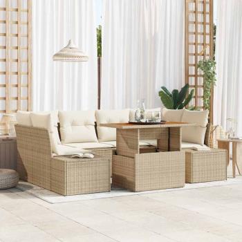 ARDEBO.de - Garten-Sofa Set 7-teilig Beige Rattan Garten-Esszimmer Set