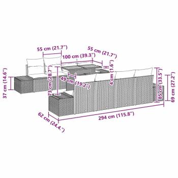 Garten Sofa Set 7-teilig Schwarz Rattan und Stoffkissen