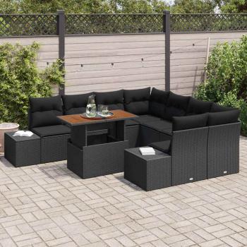 Garten-Sofa-Set 9-teilig Schwarz Rattan, Stoff