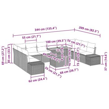 Gartensofa-Set Set mit 11 Teilen Grau, Dunkelgrau Rattan, Polyester