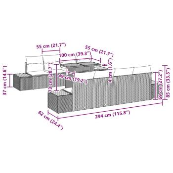 Garten Sofa Set 9-teilig Schwarz Rattan Gartenmöbel Rechteckig