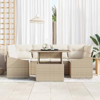ARDEBO.de - Garten Sofa Set 7 Teile Beige Rattan Outdoor Sofa Rechteckig