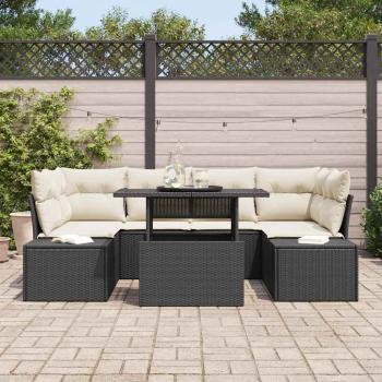 Garten-Sofa-Set 7 Teile Schwarz und Creme Poly-Rattan, Stahl, Stoff