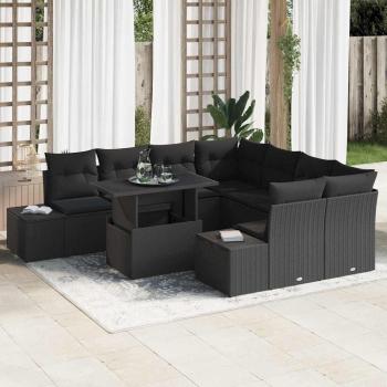 ARDEBO.de - Garten-Sofa-Set 9-teilig Schwarz Rattan, Polyester, Glas