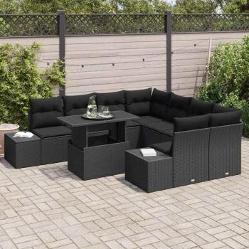 Garten-Sofa-Set 9-teilig Schwarz Rattan, Polyester, Glas