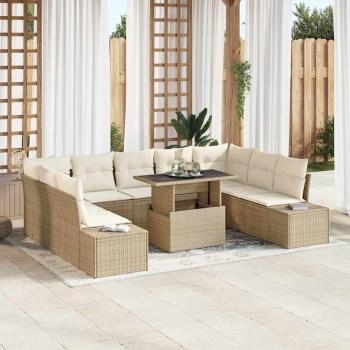 ARDEBO.de - Garten Sofa Set 10 Teile Beige und Hellbraun Rattan und Glasplatte