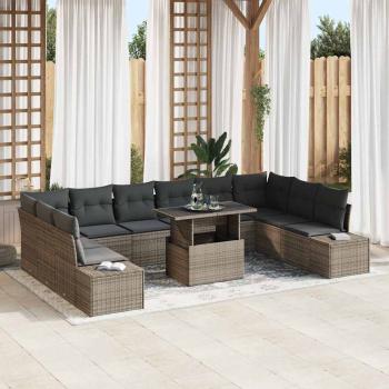 ARDEBO.de - Garten Sofa Set 11 Teile Grau Rattan, Polyesterkissen