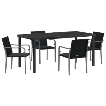 5-teiliges Garten-Dining-Set mit Kissen in Schwarz aus Poly Rattan
