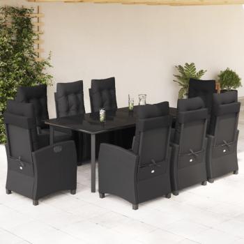 ARDEBO.de - 9-tlg. Garten-Essgruppe mit Kissen Schwarz Poly Rattan