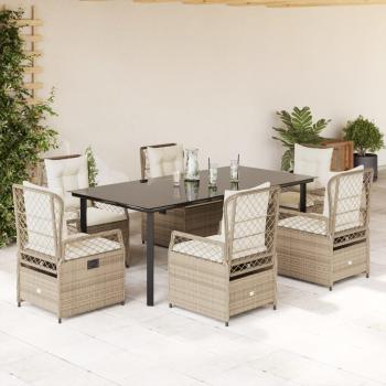 ARDEBO.de - 7-tlg. Garten-Essgruppe mit Kissen Beige Poly Rattan