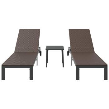 Sonnenliegen 2 Stück mit Rädern und Tisch Braun Poly Rattan