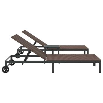 Sonnenliegen 2 Stück mit Rädern und Tisch Braun Poly Rattan