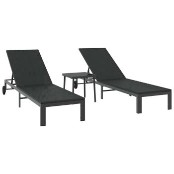 Sonnenliegen 2 Stück mit Rädern und Tisch Schwarz Poly Rattan