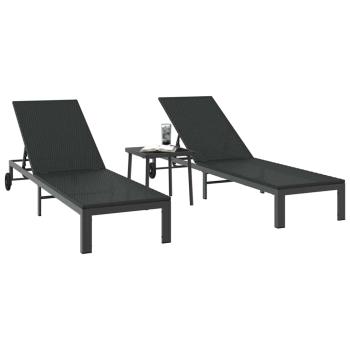 Sonnenliegen 2 Stück mit Rädern und Tisch Schwarz Poly Rattan