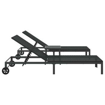 Sonnenliegen 2 Stück mit Rädern und Tisch Schwarz Poly Rattan