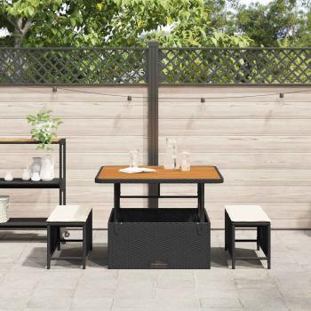 3-teiliges Garten-Essset mit Kissen Schwarz Poly Rattan Akazie