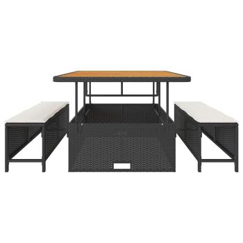 3-teiliges Garten-Essset mit Kissen Schwarz Poly Rattan Akazie