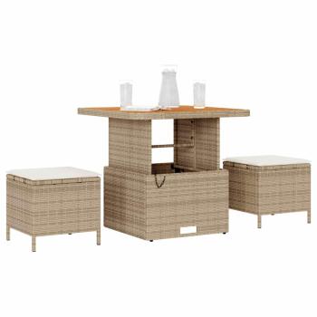 3-teiliges Garten Esstisch Set mit Kissen Beige Poly Rattan Akazie