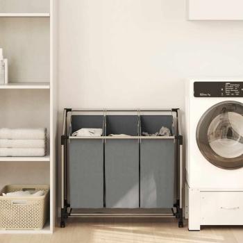 ARDEBO.de - Wäschekorb mit Rollen 3 Fächer Grau