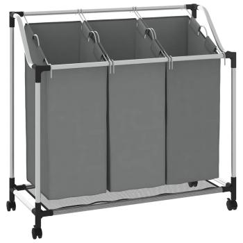 Wäschekorb mit Rollen 3 Fächer Grau