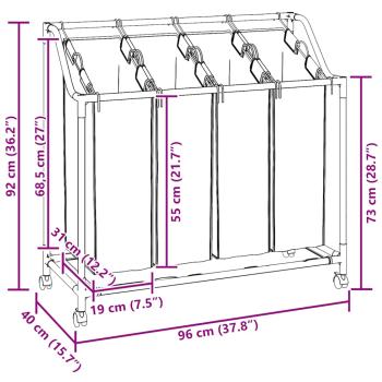 Wäschekorb mit Rollen 4 Fächer Grau
