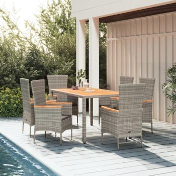 ARDEBO.de - 7-tlg. Garten-Essgruppe mit Kissen Grau Poly Rattan