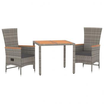3-tlg. Garten-Essgruppe mit Kissen Grau Poly Rattan