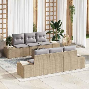 ARDEBO.de - Garten Sofa Set 7 Teile Beige und Hellgrau Rattan, Polyester