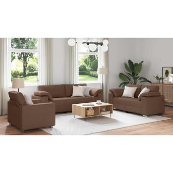 3-teiliges Sofa Set mit Kissen in braunem Stoff