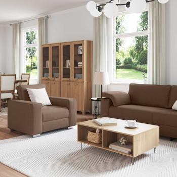 3-teiliges Sofa Set mit Kissen in braunem Stoff