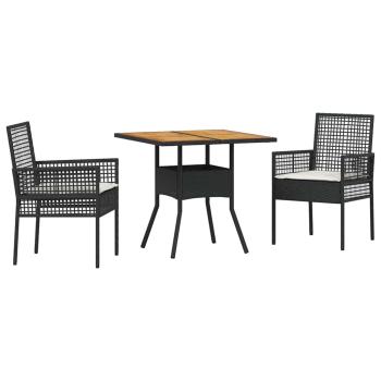 3-teiliges Garten-Essset mit Kissen Schwarz Poly Rattan