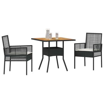 3-teiliges Garten-Essset mit Kissen Schwarz Poly Rattan