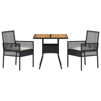 3-teiliges Garten-Essset mit Kissen Schwarz Poly Rattan