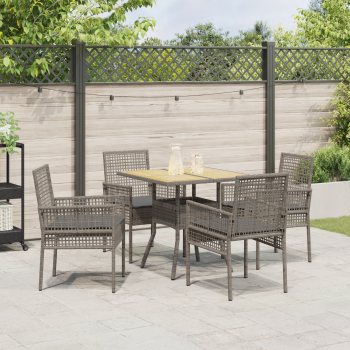 5-teiliges Garten-Essset mit Kissen Grau Poly Rattan