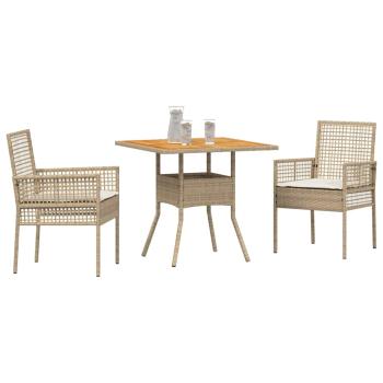 3-teiliges Garten-Essgruppen-Set mit Kissen Beige Poly-Rattan