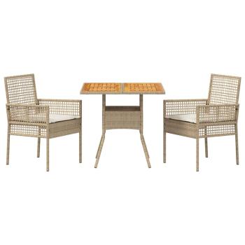 3-teiliges Garten-Essgruppen-Set mit Kissen Beige Poly-Rattan