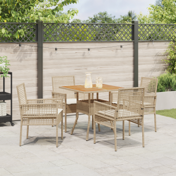 5-teiliges Garten-Essgruppen-Set mit Kissen Beige Poly-Rattan