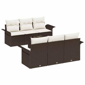 7-teiliges Garten Sofa Set mit Kissen Braun Poly Rattan